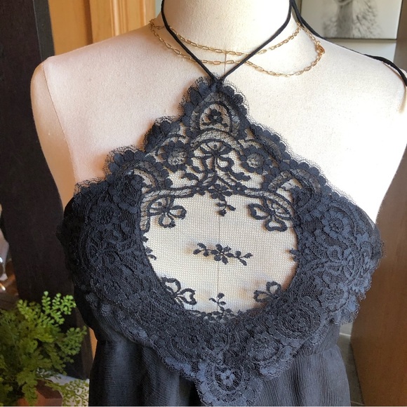 Samantha Treacy black silk halter dress lace front side zip lined wavy hemline 4 - Picture 2 of 12